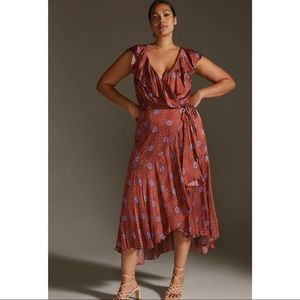 NEW Anthropologie Ruffle Sleeve Printed Wrap Maxi Dress Brown Blue Motif Tie XL
